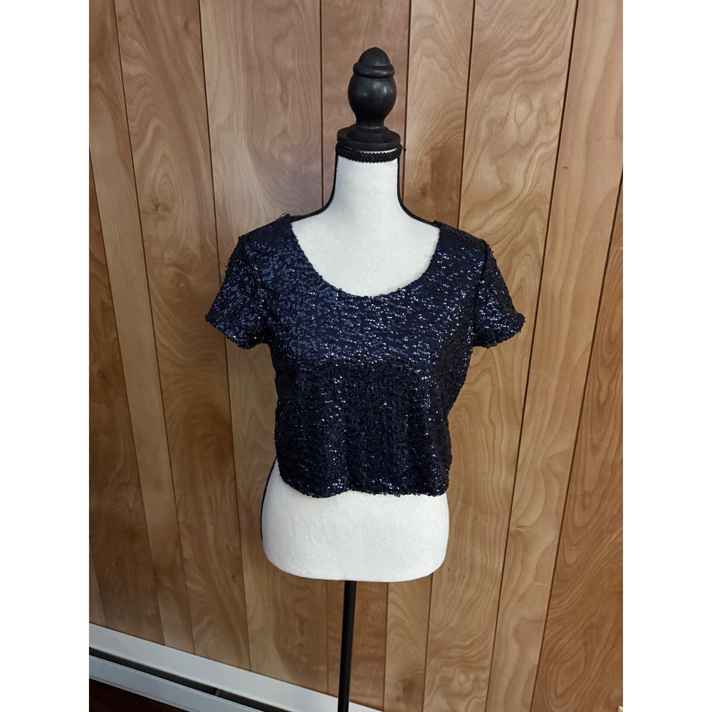 Charlotte Russe Navy Blue Sequin Sheer Mesh Back Crop Top Womens Medium